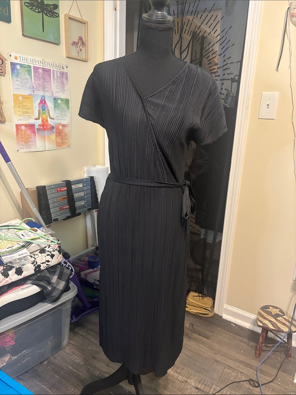 Serra Black Pleated Wrap-Front Midi Dress with Tie Waist